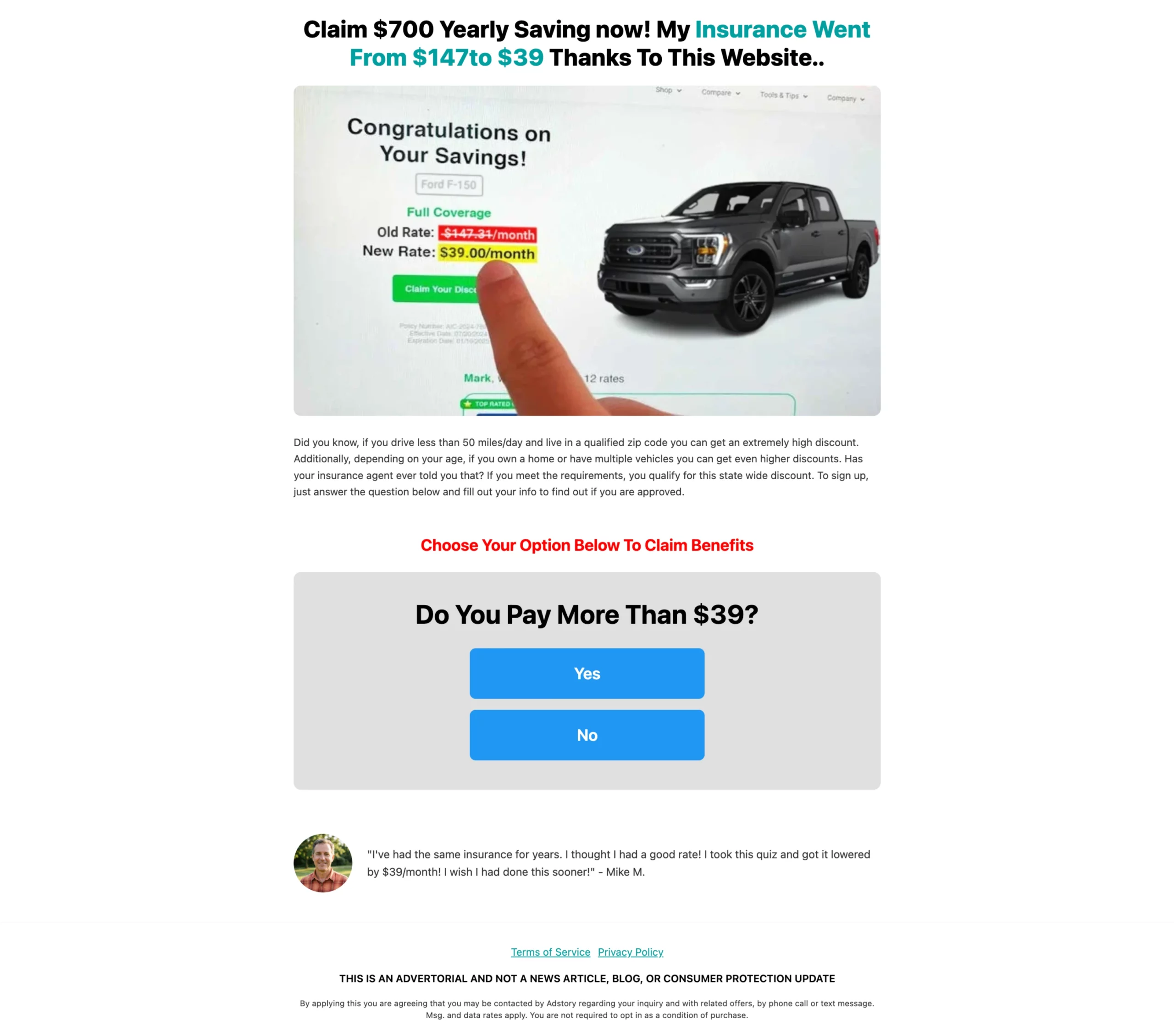 Beispiel für eine Advertorial-Landingpage zur Kfz-Versicherung