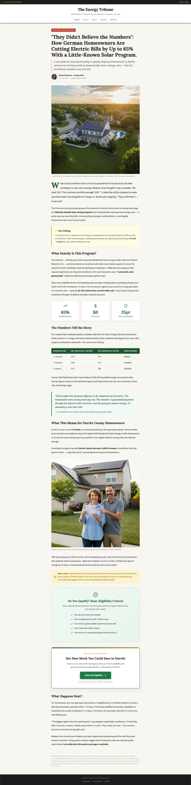 Beispiel für eine Advertorial-Landingpage zur Solarersparnis