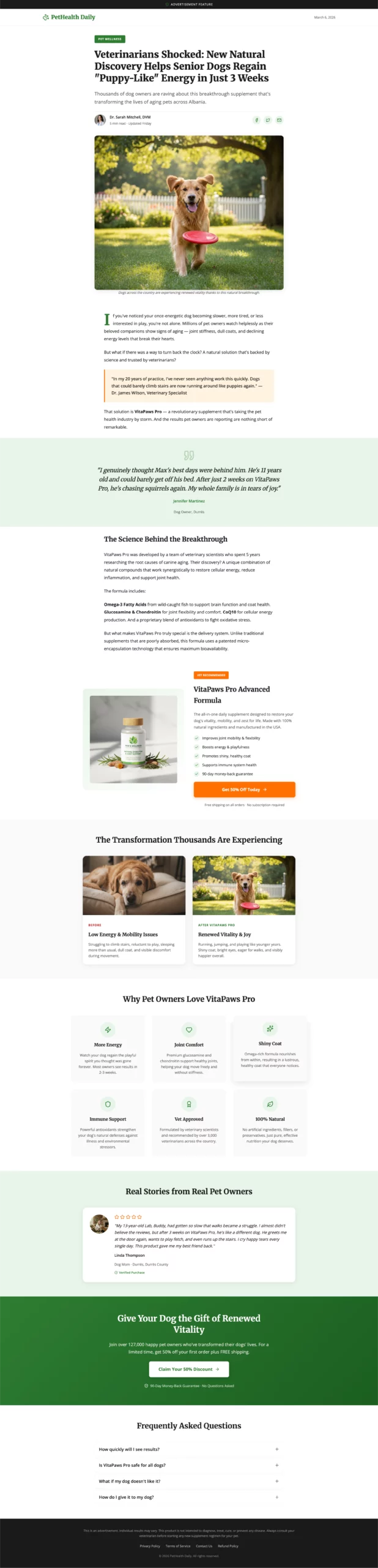 Beispiel für eine Advertorial-Landingpage für Haustier-Supplements