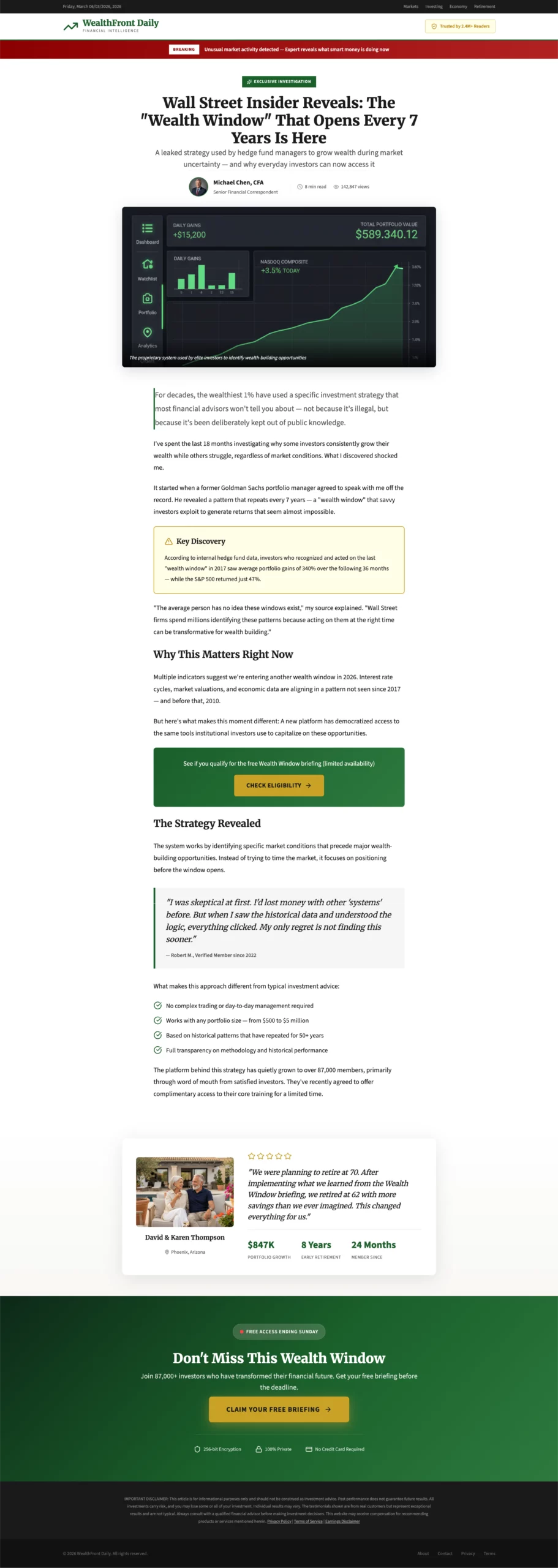 Beispiel für eine Advertorial-Landingpage zu Anlagestrategien
