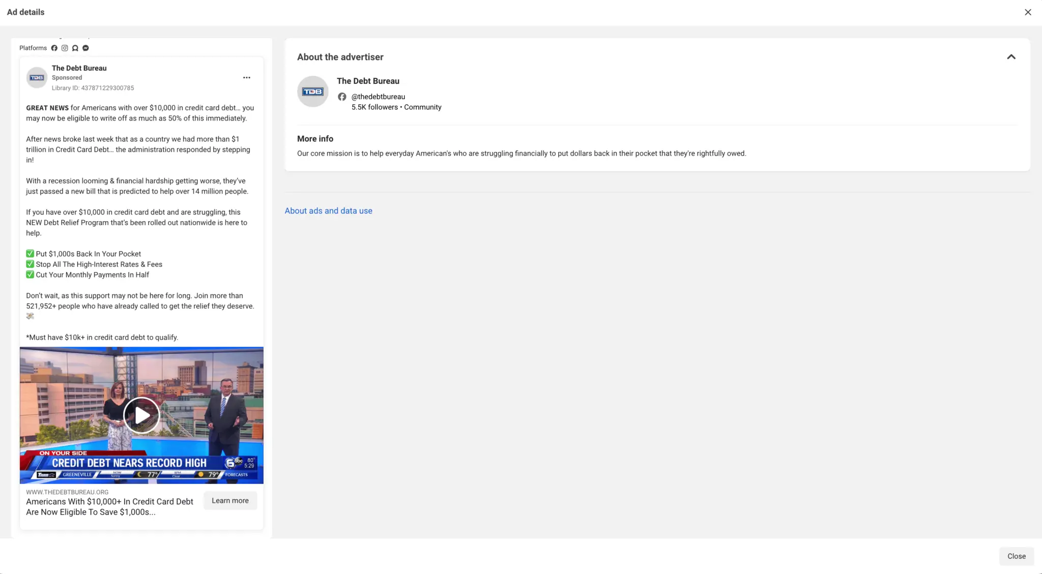 Facebook Ad Library – szczegóły reklamy