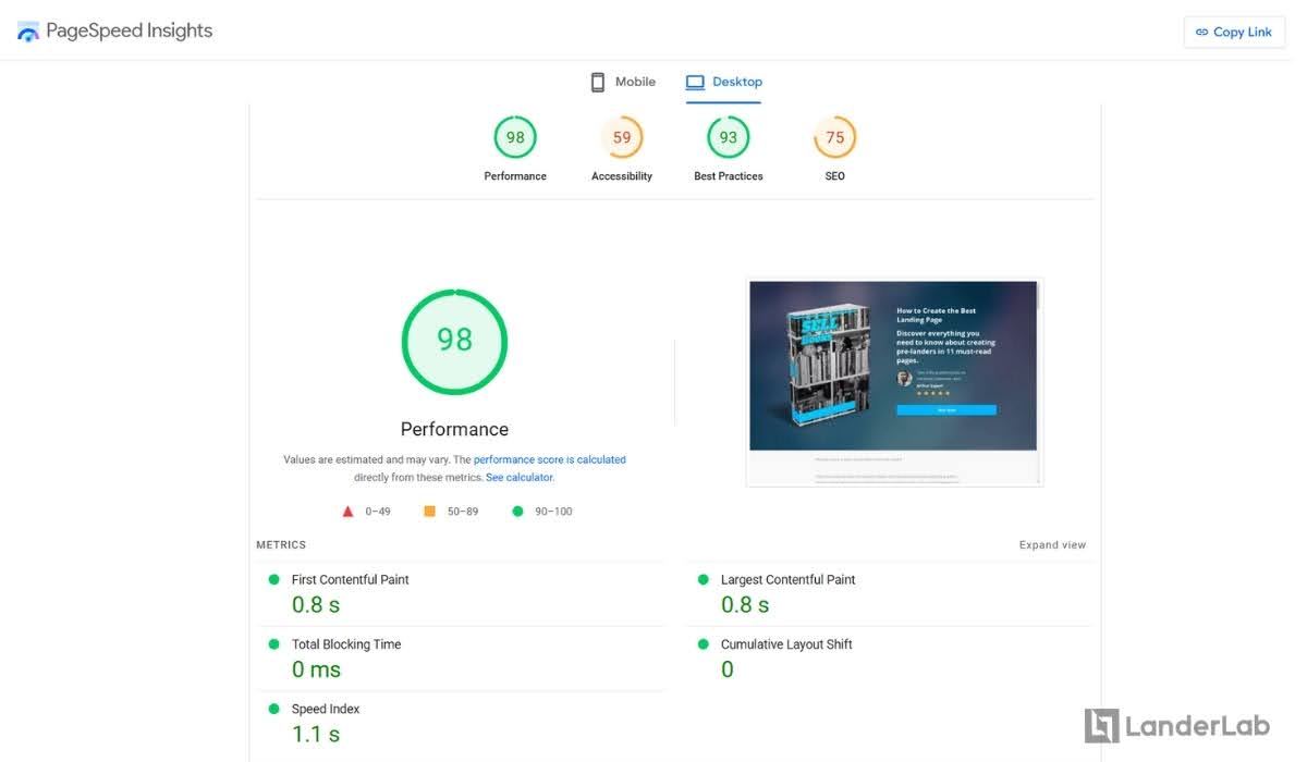 PageSpeed-Ergebnis von LanderLab