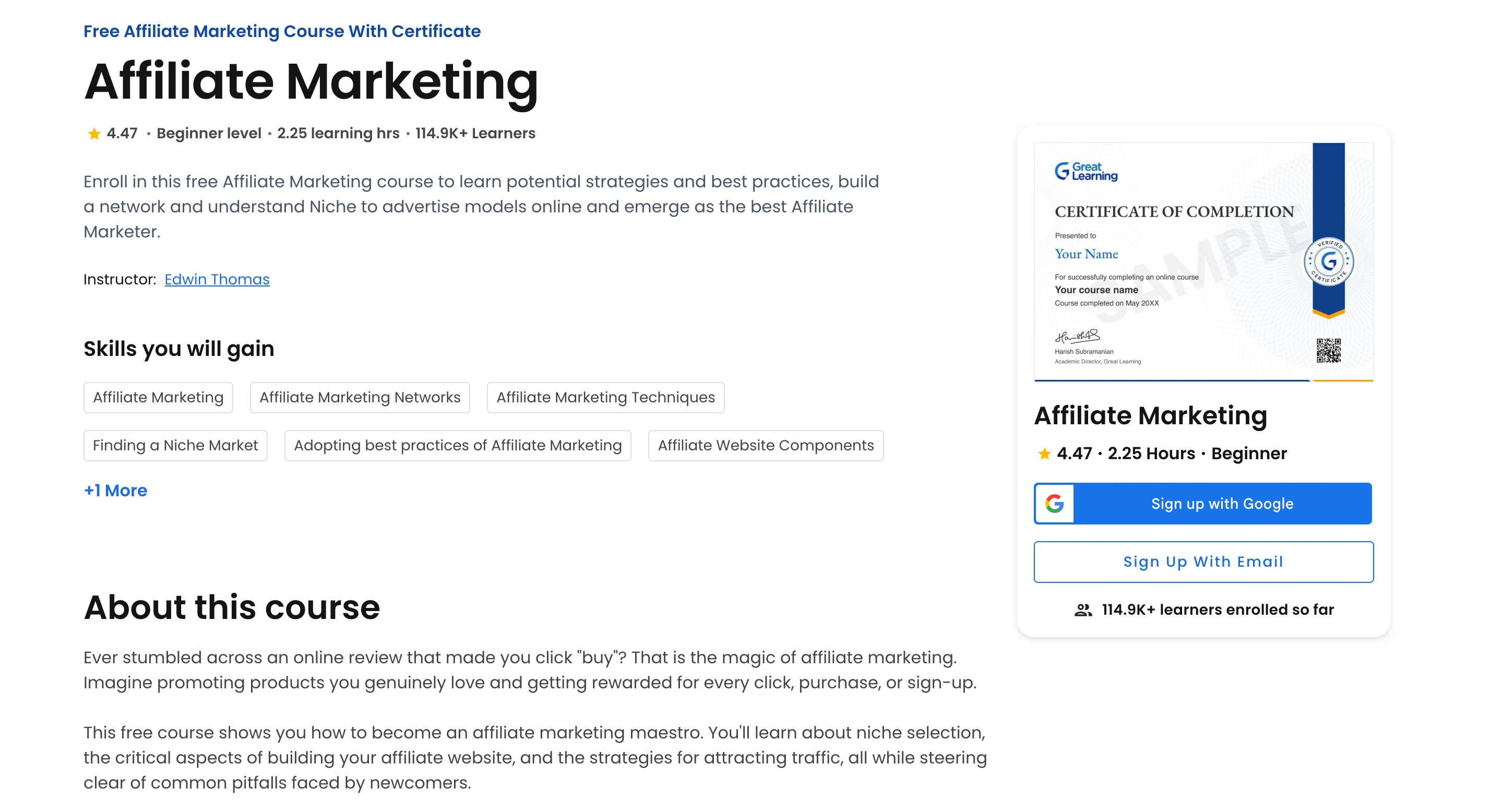 Affiliate-Marketing-Kurs für Einsteiger von Great Learning