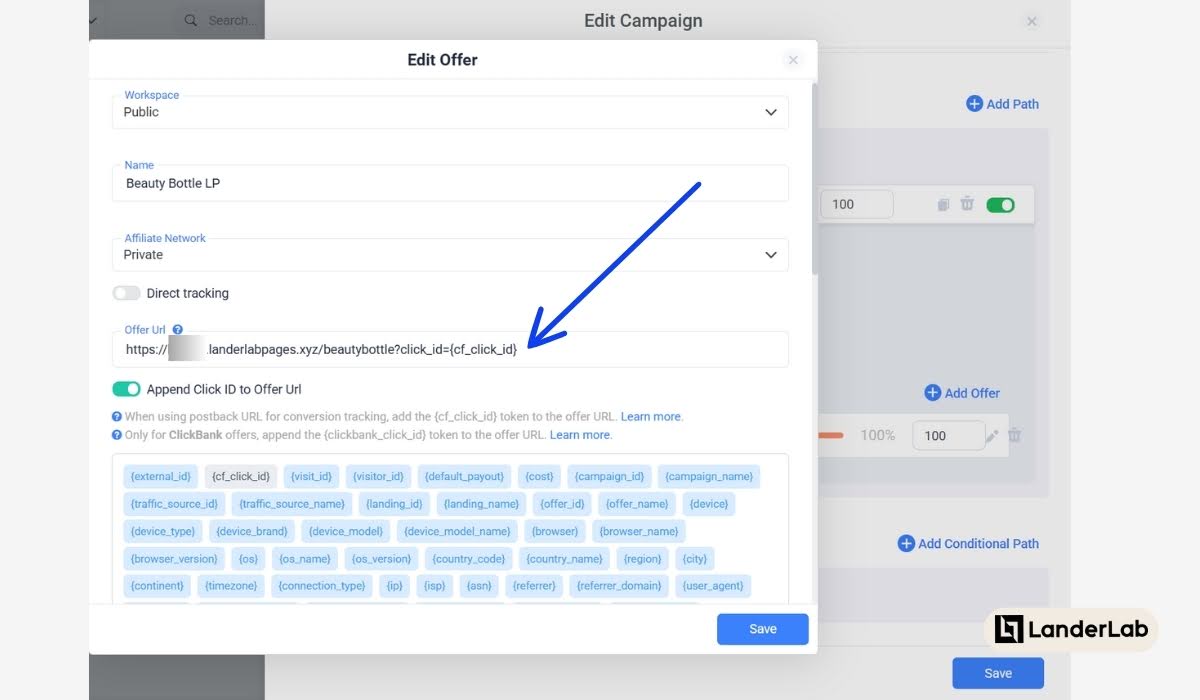 landingspagina-URL in campagne in tracker