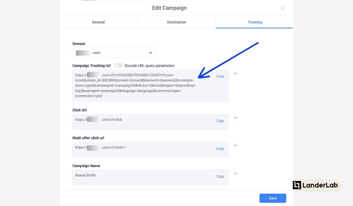 Trackinglink van de campagne