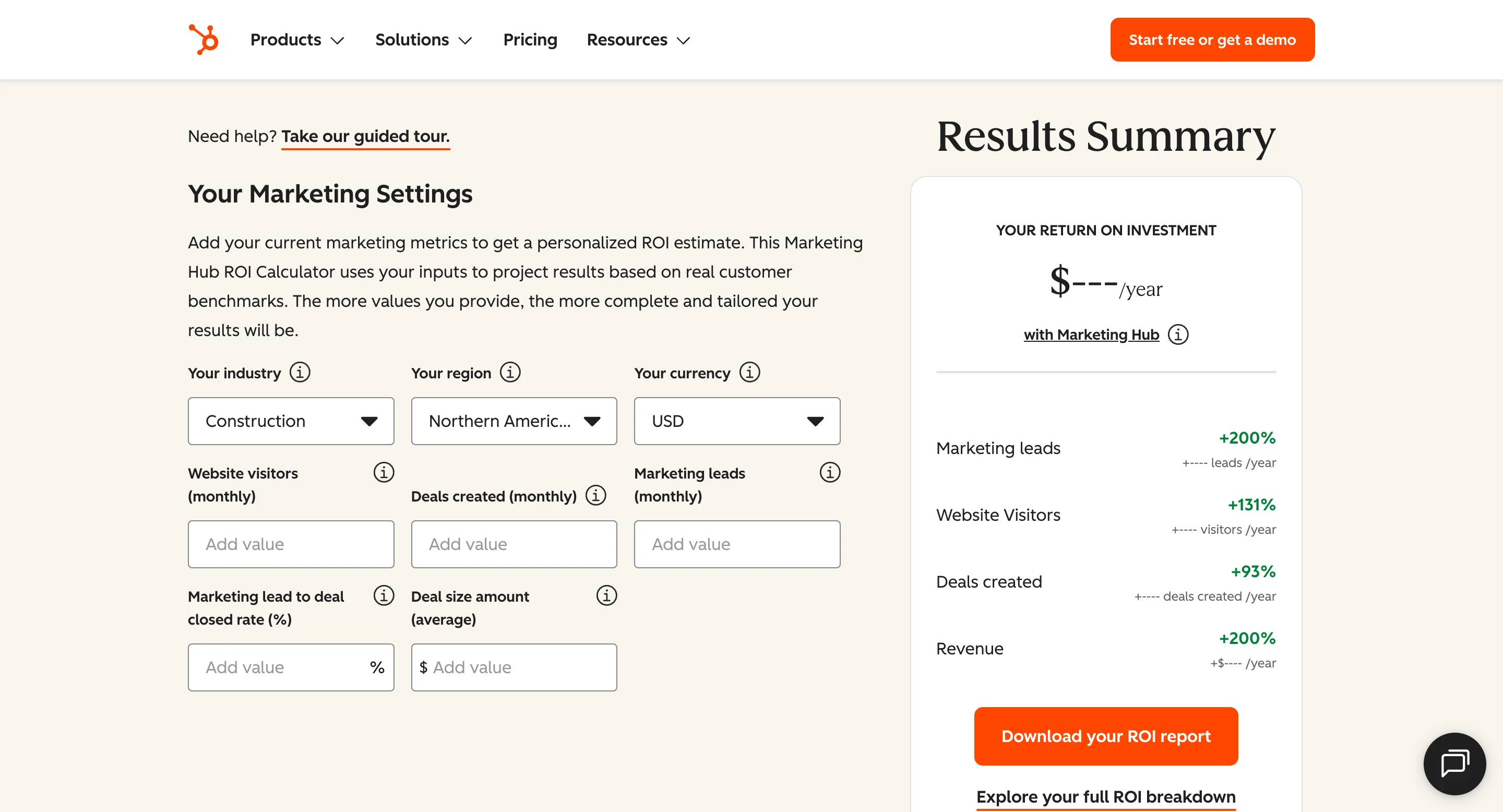 Quiz z kalkulatorem: kalkulator ROI od HubSpot