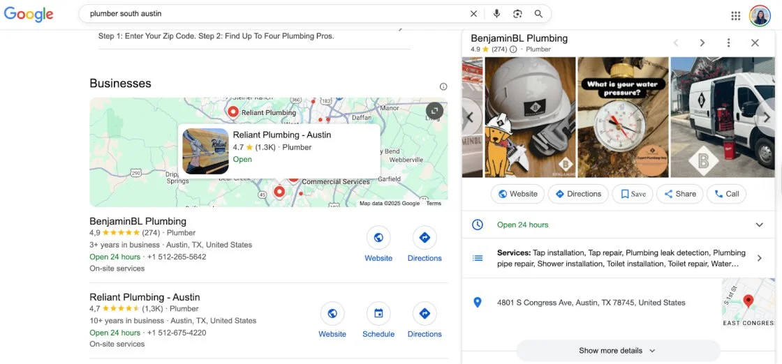 Wyszukiwanie w Google: hydraulicy w pobliżu