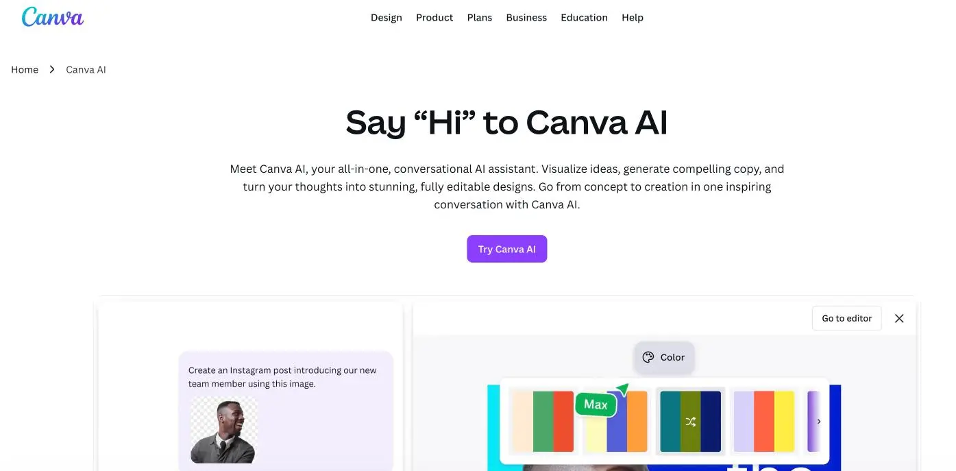 Página inicial do Canva AI