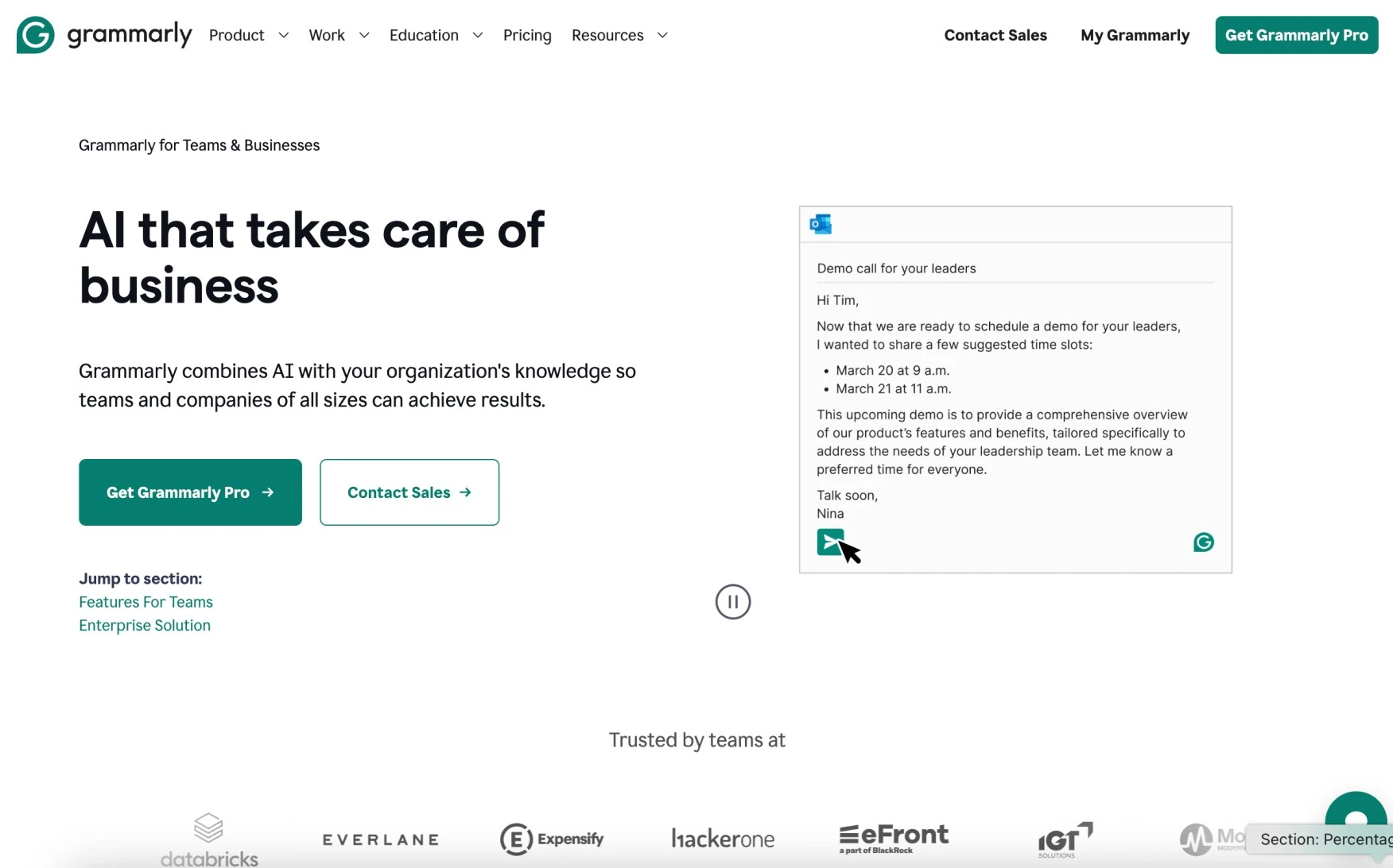Página inicial do Grammarly Business AI