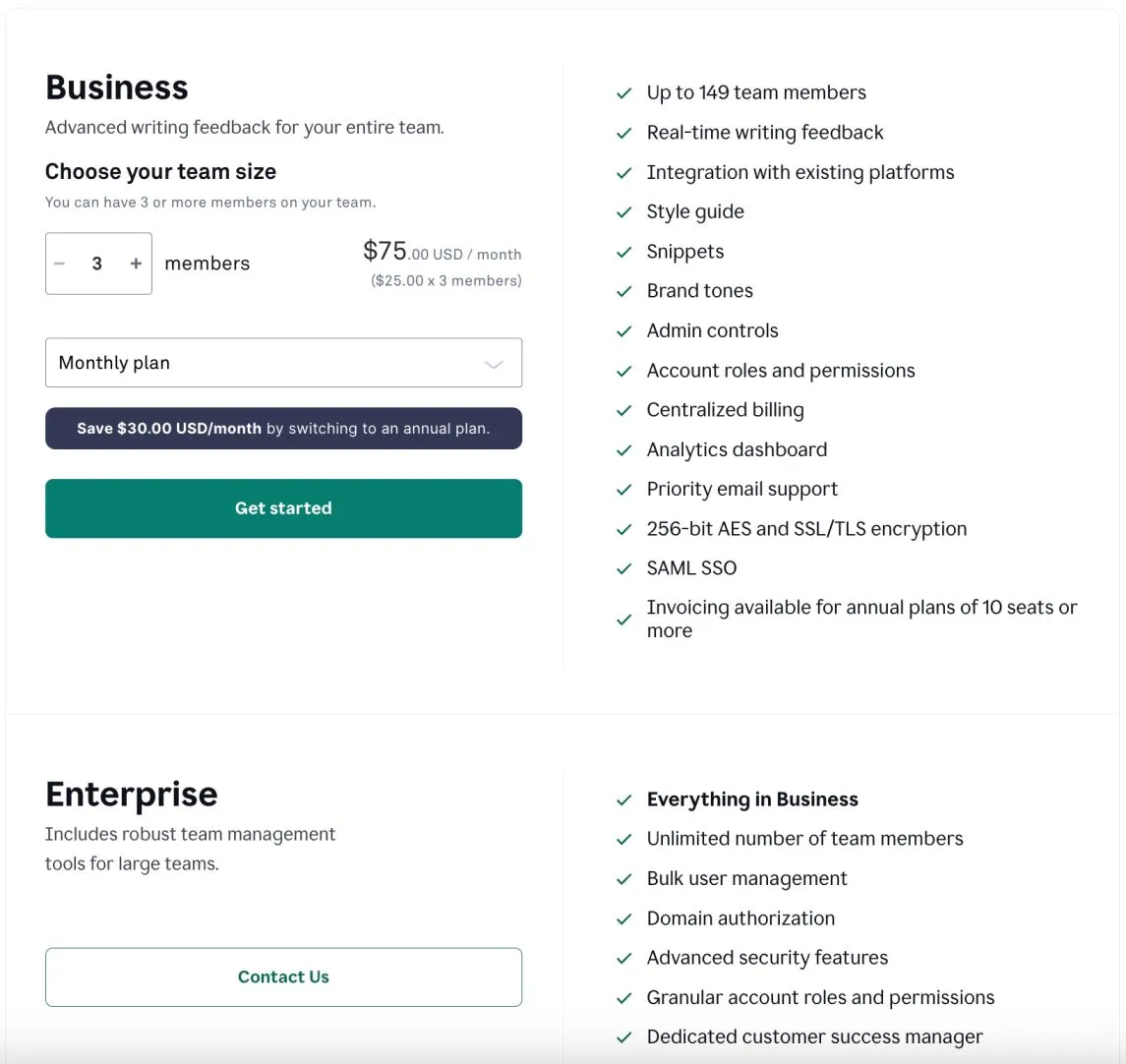 Preços do Grammarly Business AI