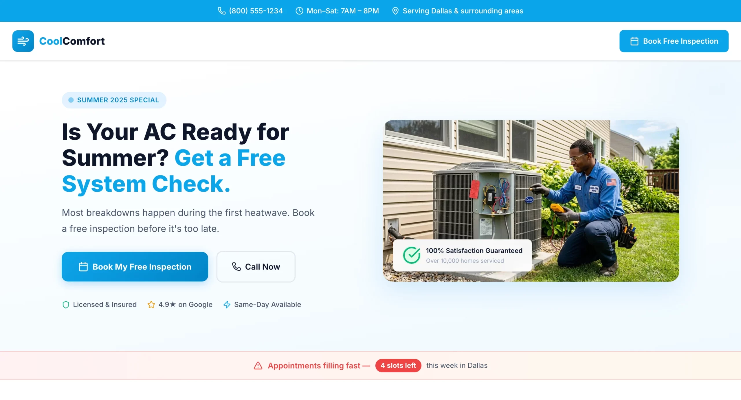 Beispiel einer saisonalen Lead-Gen-Landingpage für Heizung und Klima