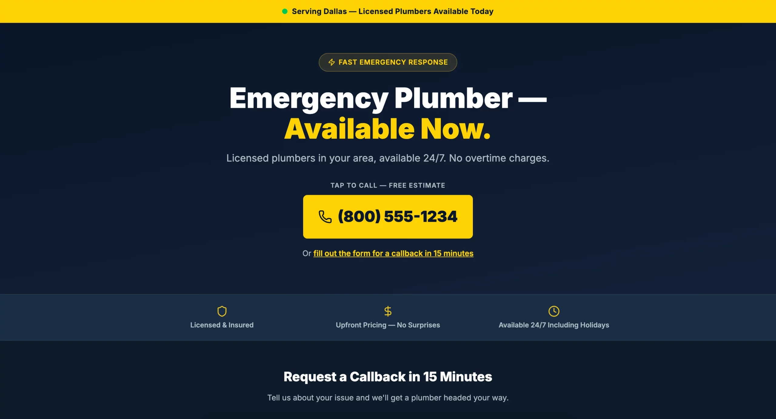 Beispiel einer Pay-Per-Call-Landingpage für Notfall-Klempner