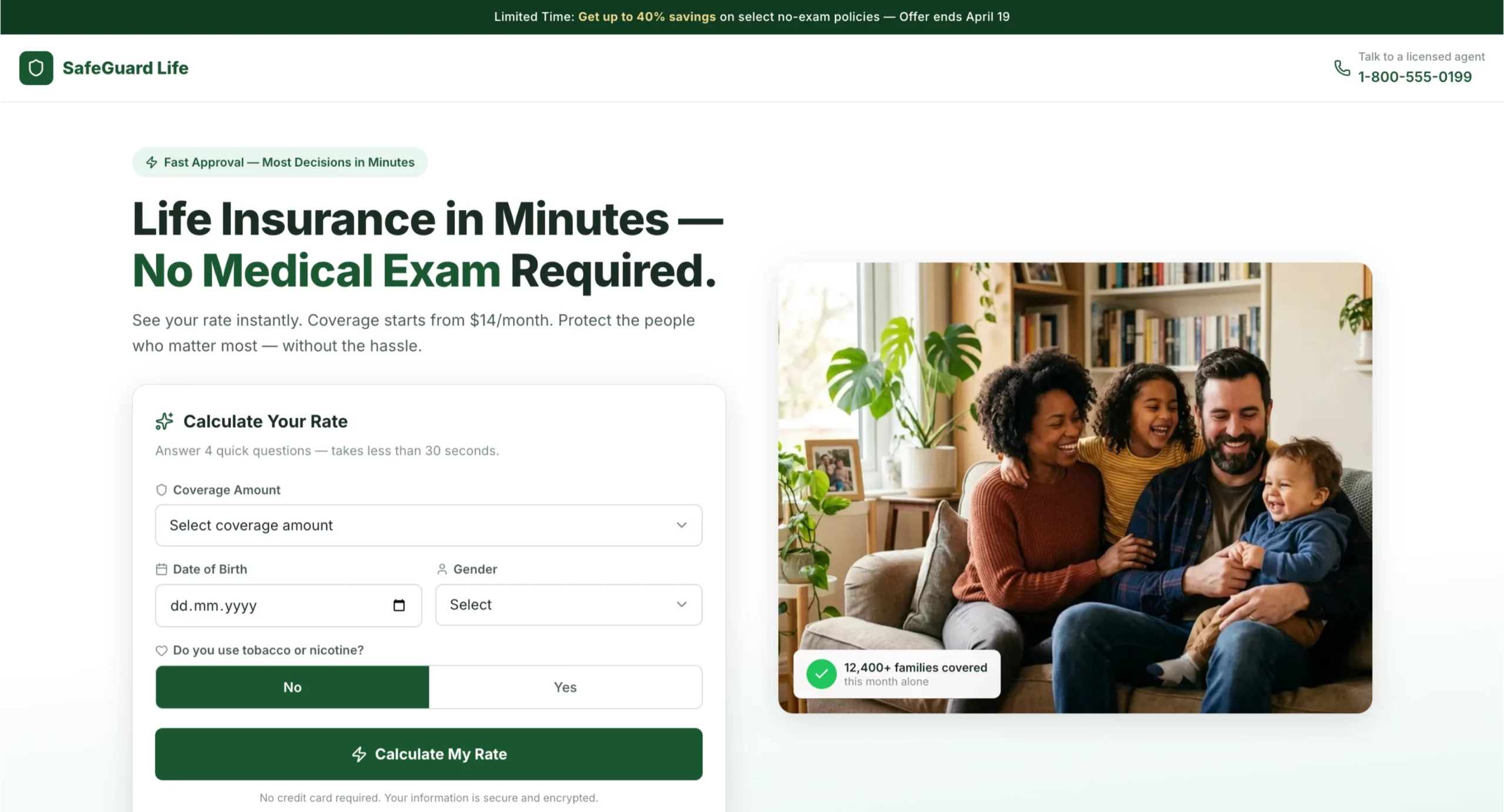 Beispiel einer Lead-Gen-Landingpage für Lebensversicherung ohne Gesundheitsprüfung
