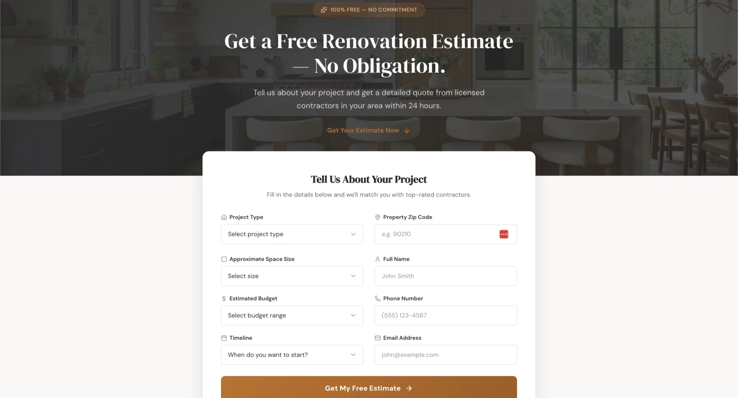 Beispiel einer Lead-Gen-Landingpage für Renovierungsangebote