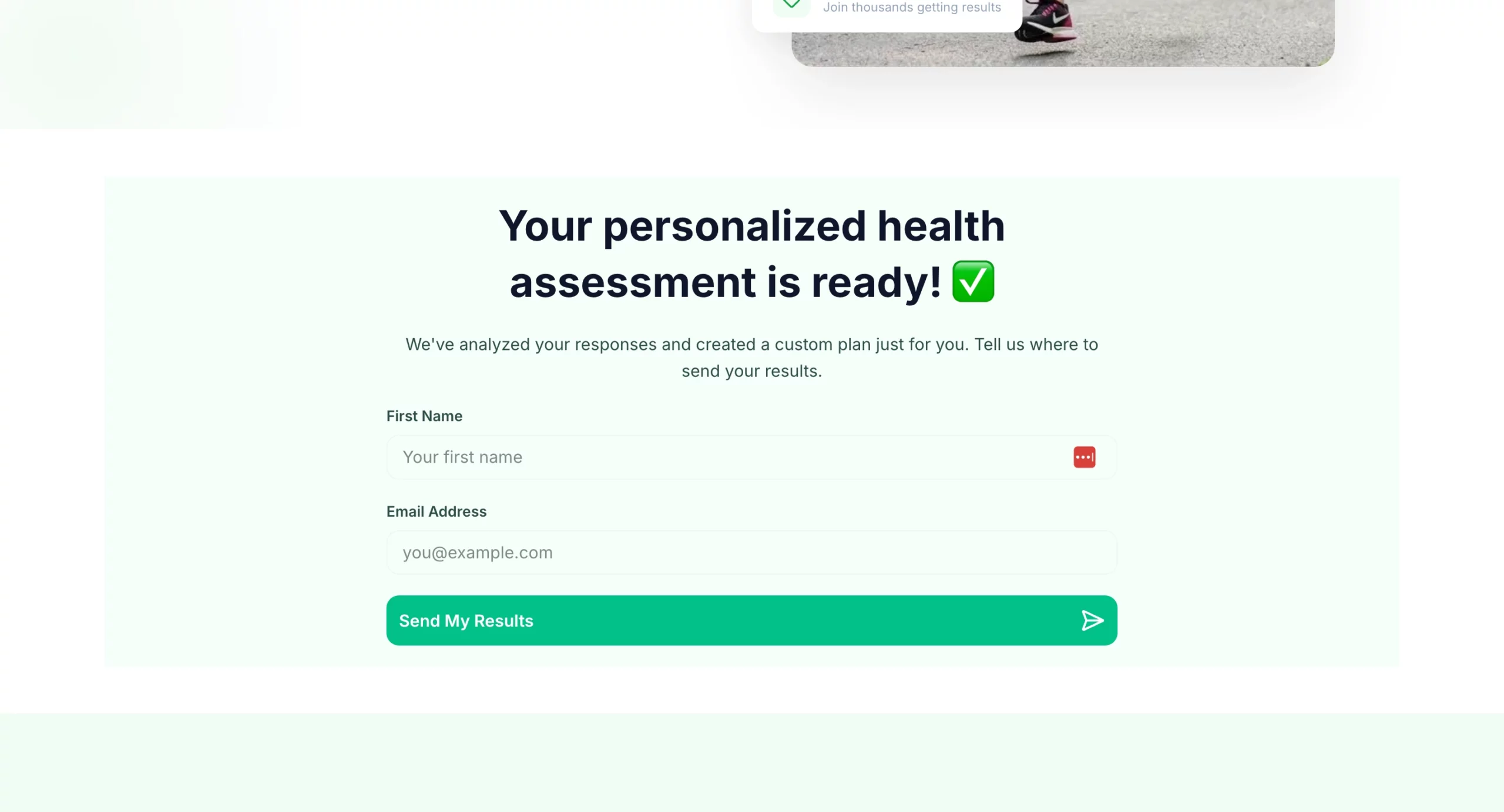 E-Mail-Erfassungsbildschirm des Gesundheits- und Wellness-Quiz