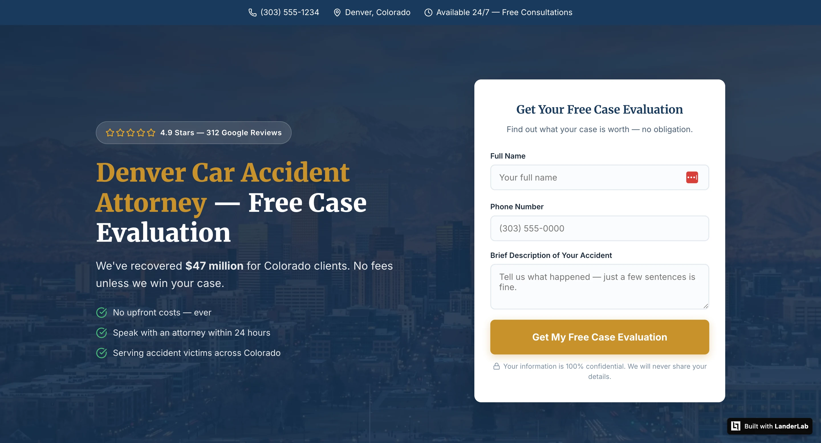 Landing page di un avvocato per danni alla persona creata con LanderLab, con coerenza del messaggio, valutazione a stelle above the fold e form a 3 campi
