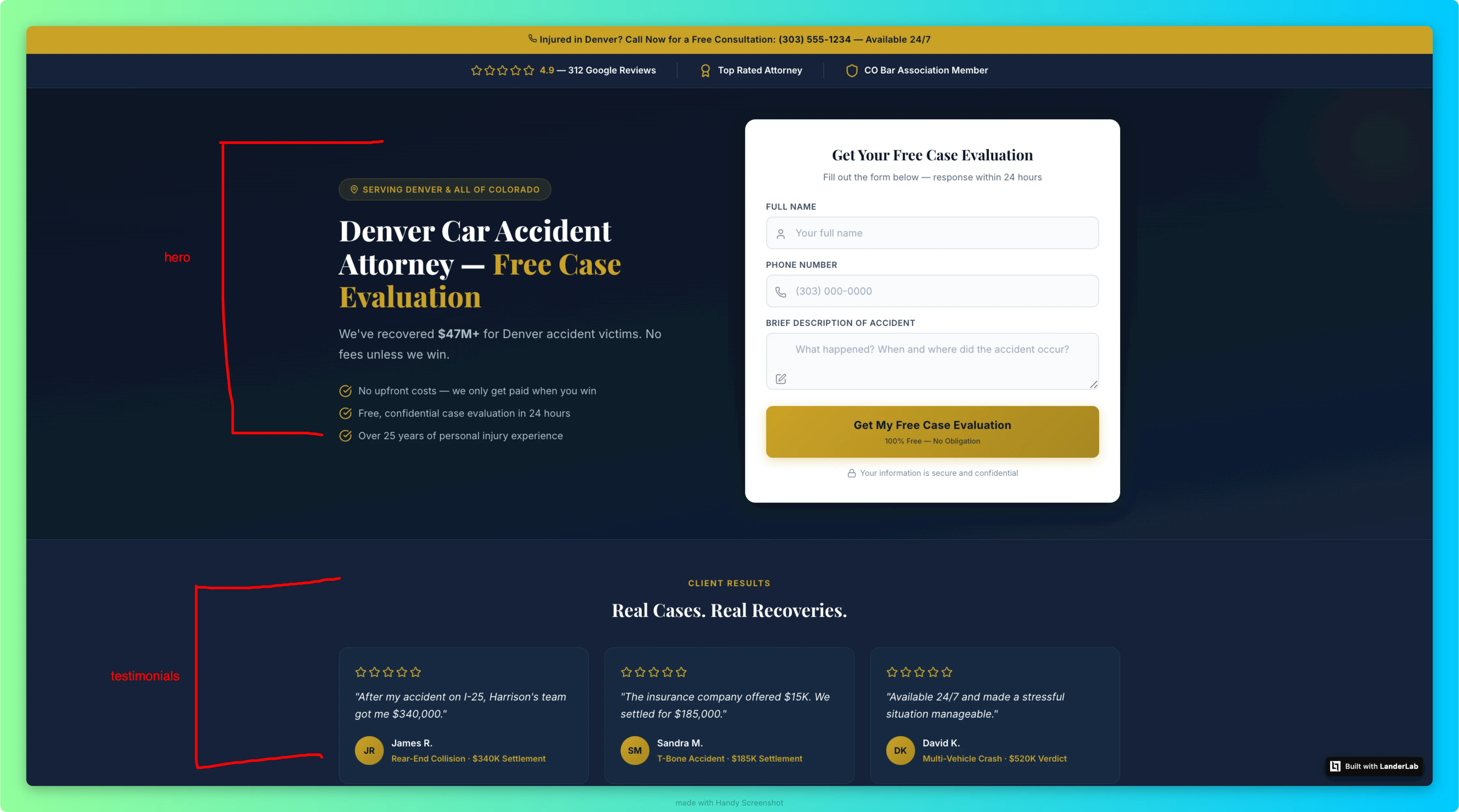 Landing page per danni alla persona creata con LanderLab con riprova sociale above the fold: barra di fiducia con valutazione a stelle, badge di certificazione e testimonianze basate sui risultati con importi dei risarcimenti