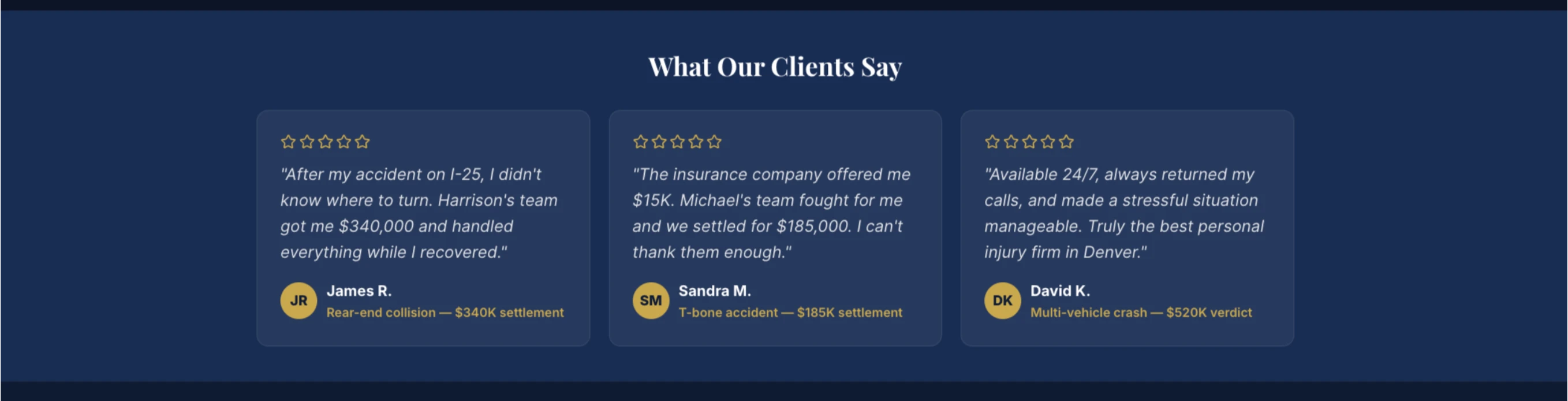 Sezione testimonianze di una landing page con riprova sociale basata sui risultati e importi dei risarcimenti per clienti di danni alla persona