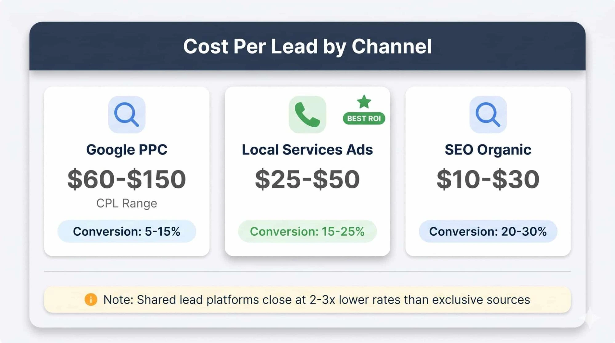 Dashboard comparativa del costo per lead delle imprese edili per canale: Google PPC a $60-150, LSA a $25-50 e SEO a $10-30