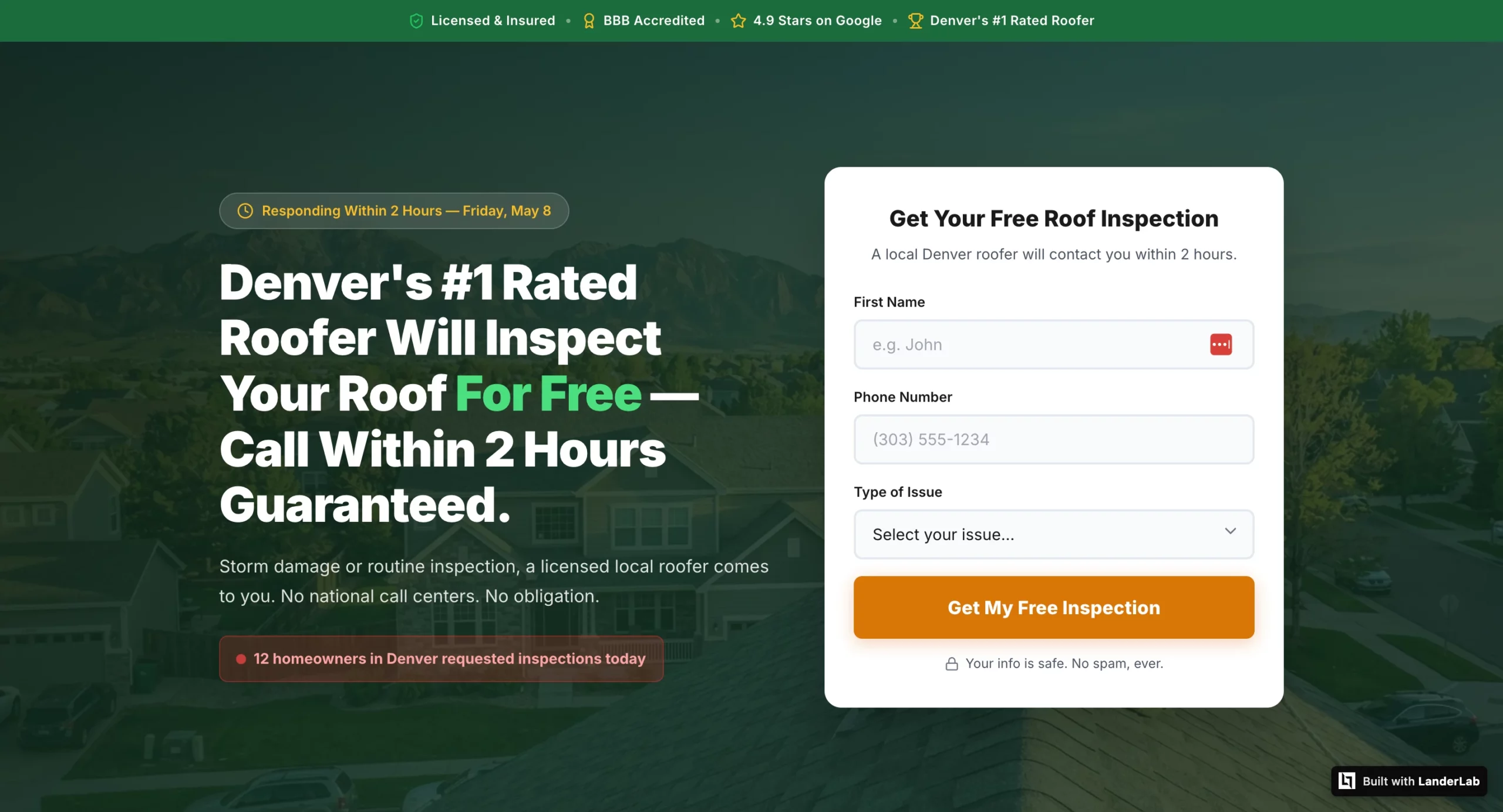 LanderLab-built roofing landing page for Denver showing trust bar, response time promise in headline, three-field lead form, stats bar with 2400 roofs inspected and under 2 hour response time, and local testimonials from Lakewood CO and Aurora CO with specific outcome data