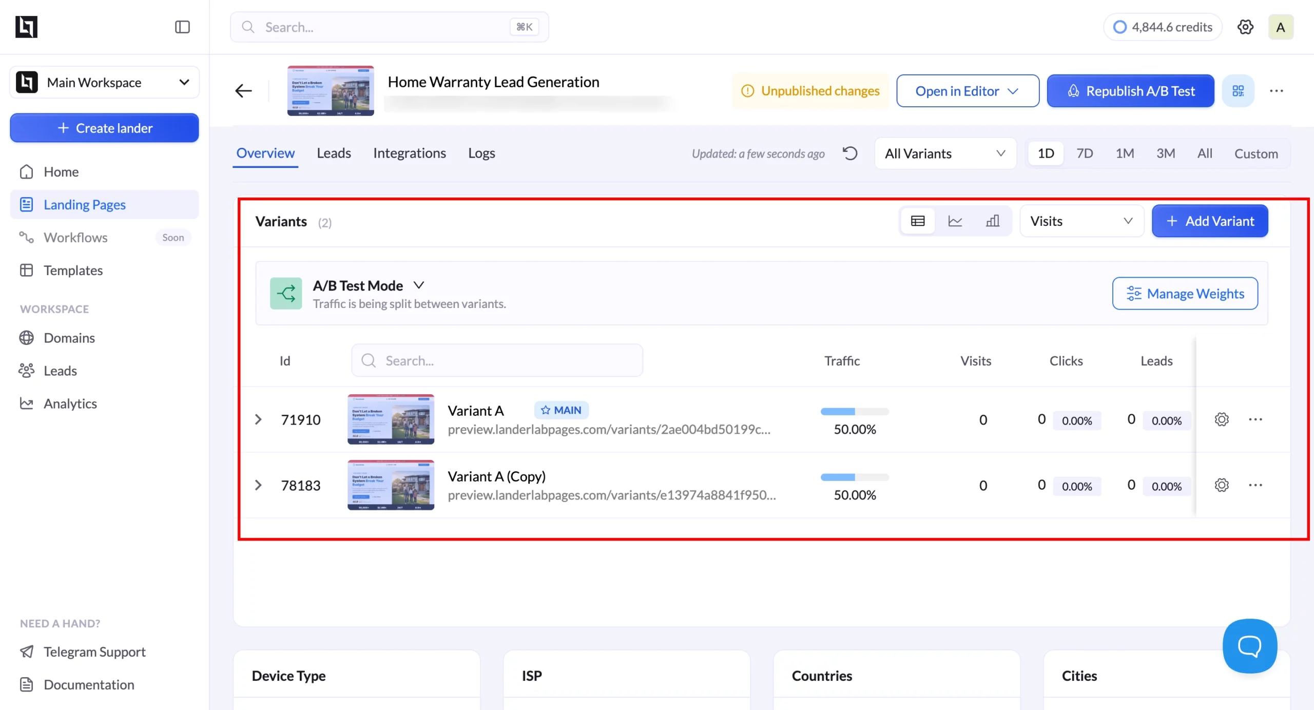 LanderLab A/B test interface showing two variants of a Home Warranty lead generation page each receiving 50% of traffic with visits, clicks, and leads tracked in a single dashboard