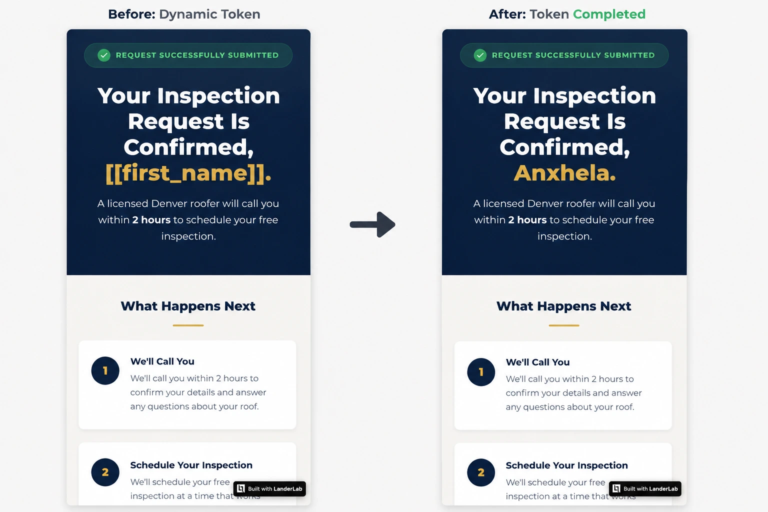 Side-by-side comparison showing dynamic token personalization in a lead generation funnel, with a placeholder token automatically replaced by the visitor