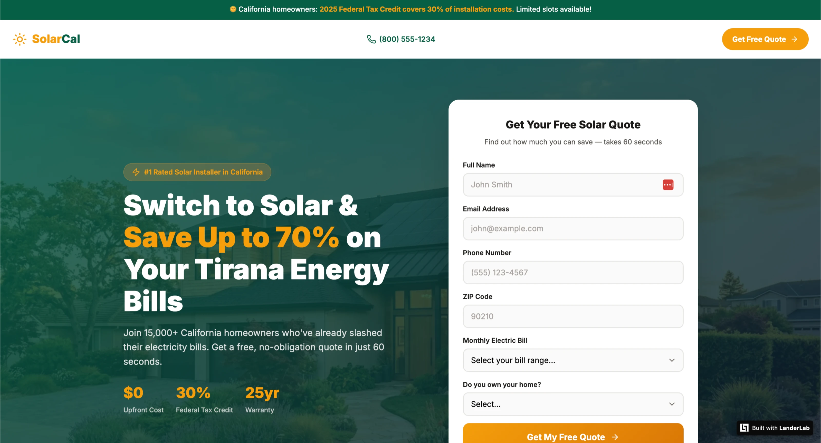 AI-generated solar lead generation landing page created with LanderLab