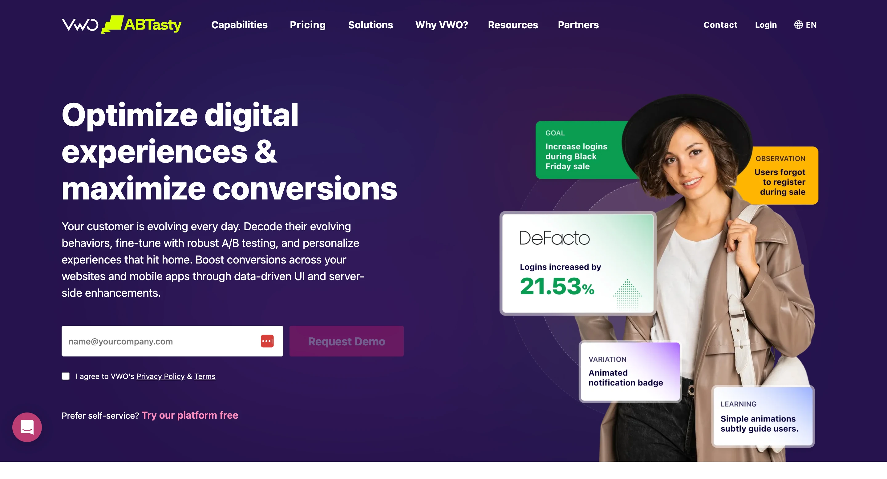 VWO A/B testing and CRO dashboard for landing page optimization