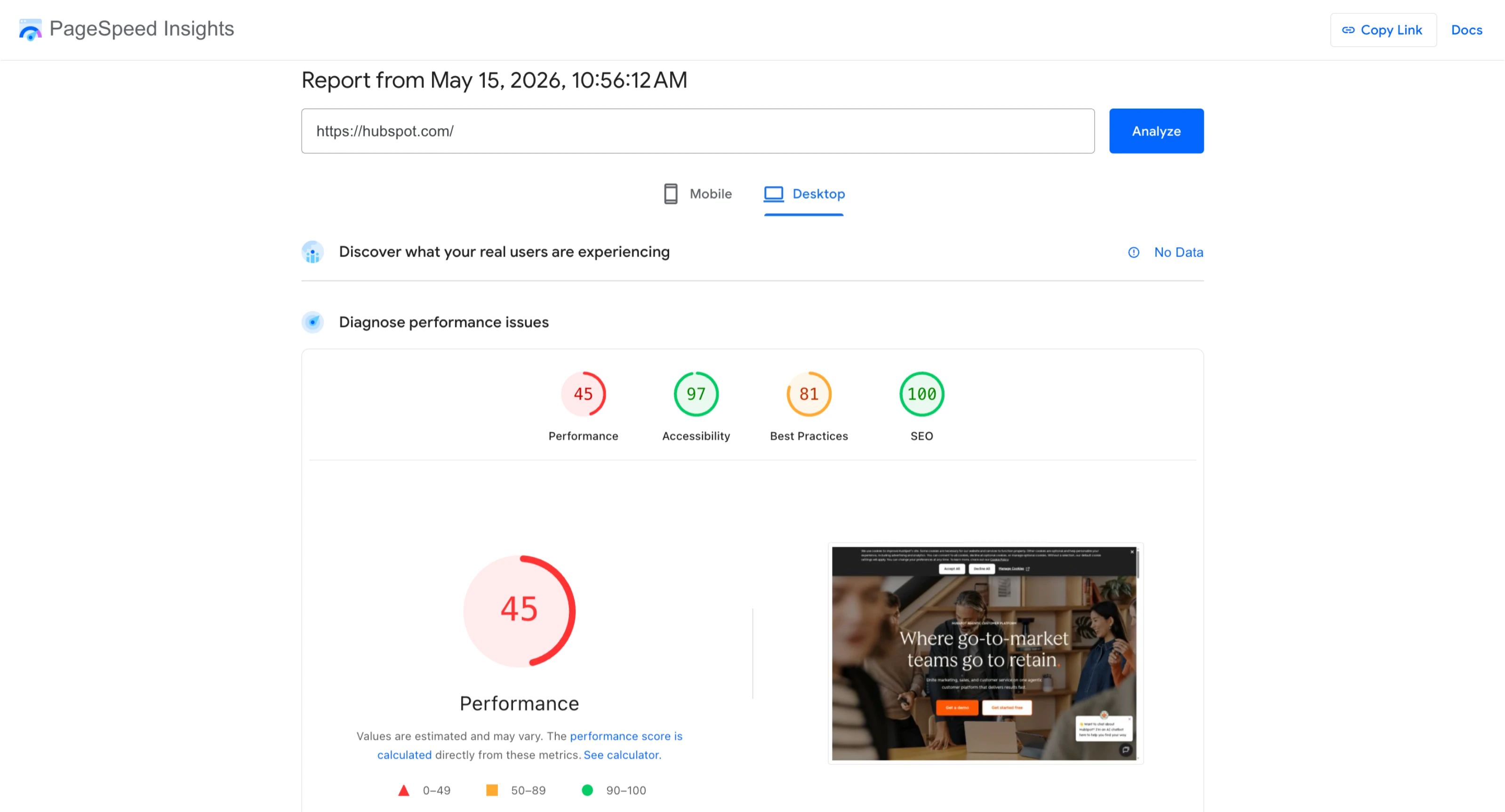 Google PageSpeed Insights mobile performance analysis for landing page optimization