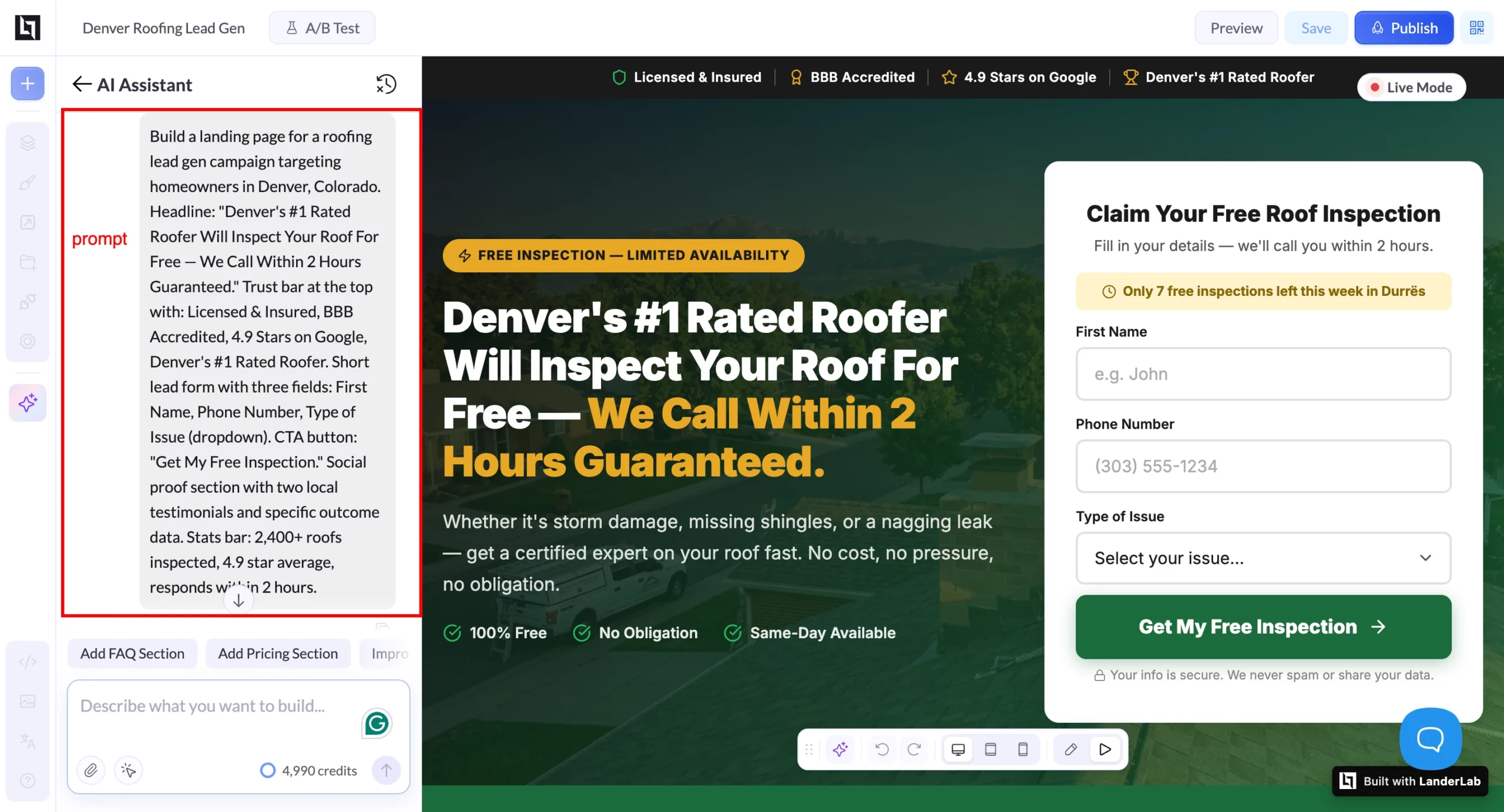 LanderLab AI landing page builder showing the prompt input panel on the left with a roofing campaign brief and the generated landing page on the right, live in the editor with trust bar, headline, three-field form, and Get My Free Inspection CTA