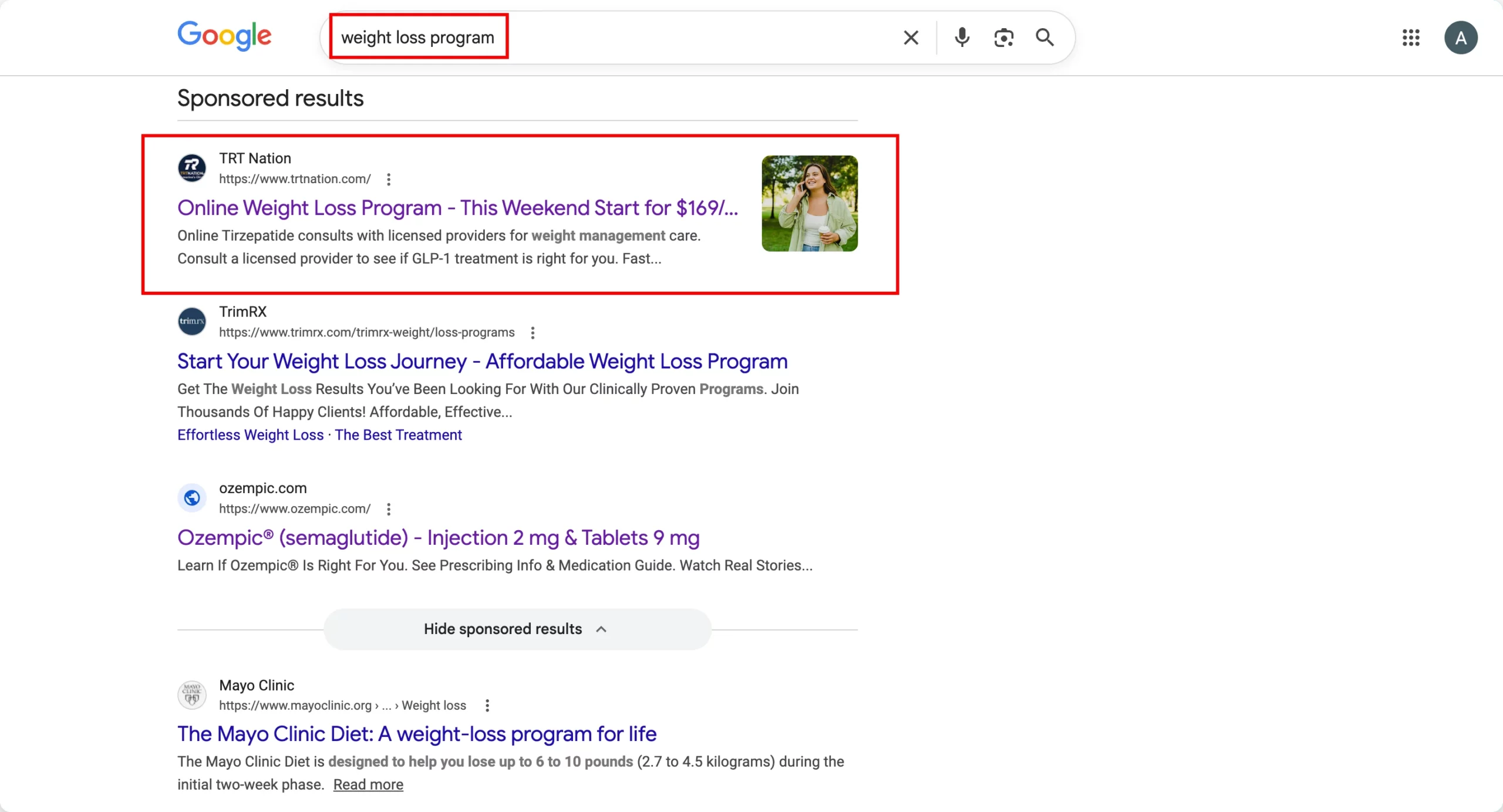 Google Ads landing page examples: SERP for weight loss program showing TRT Nation sponsored result with headline Online Weight Loss Program This Weekend Start for $169