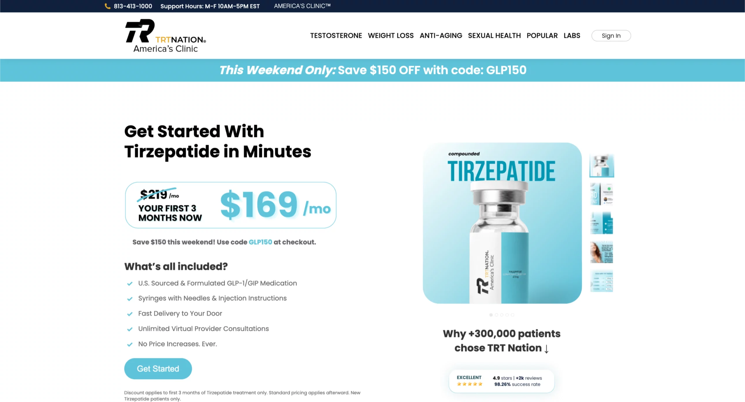 TRT Nation landing page for tirzepatide weight loss program showing This Weekend Only urgency bar, strikethrough pricing from $219 to $169 per month, benefit checklist, and 300000 patients social proof