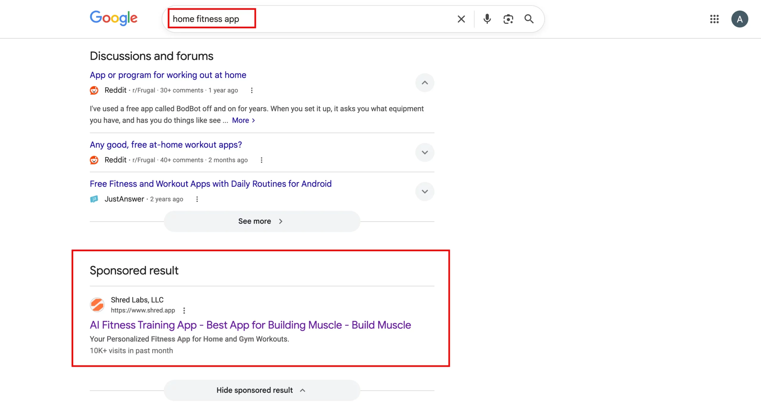Google SERP for home fitness app showing Shred Labs sponsored result with headline AI Fitness Training App Best App for Building Muscle