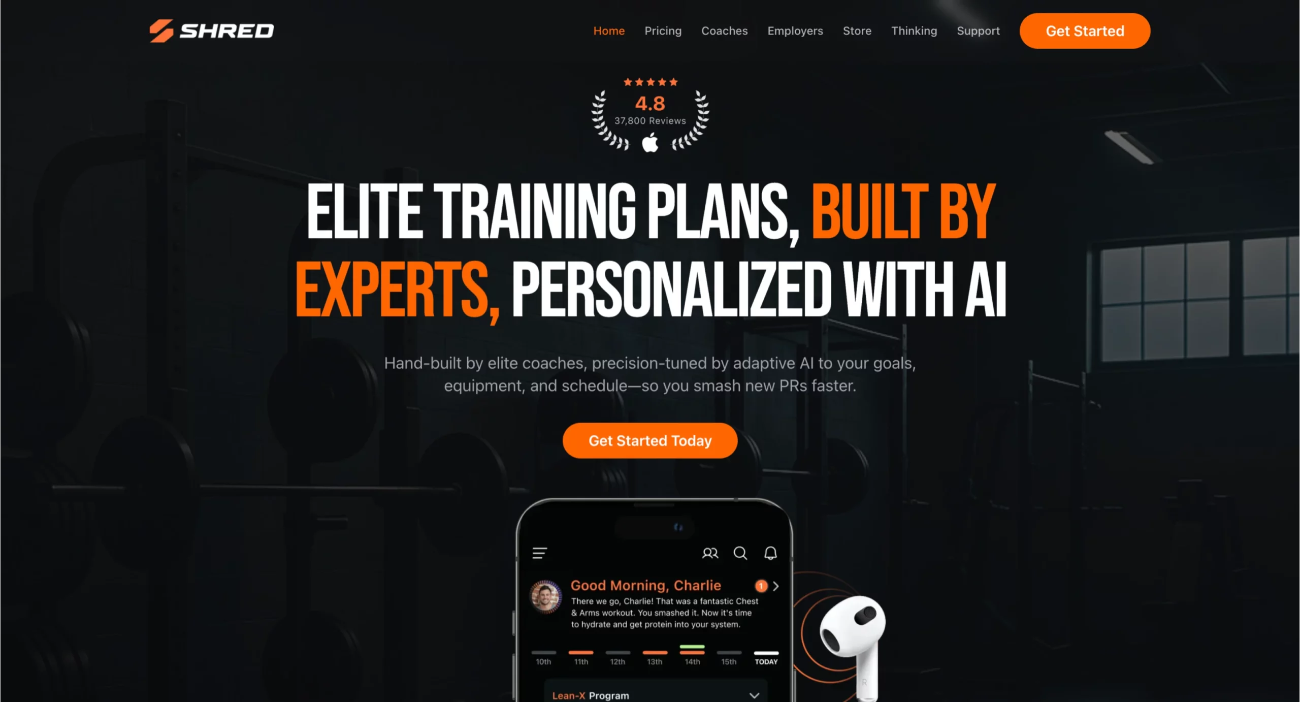 Shred fitness app landing page showing 4.8 stars 37800 reviews above the headline on dark background with headline Elite Training Plans Built by Experts Personalized with AI and Get Started Today CTA