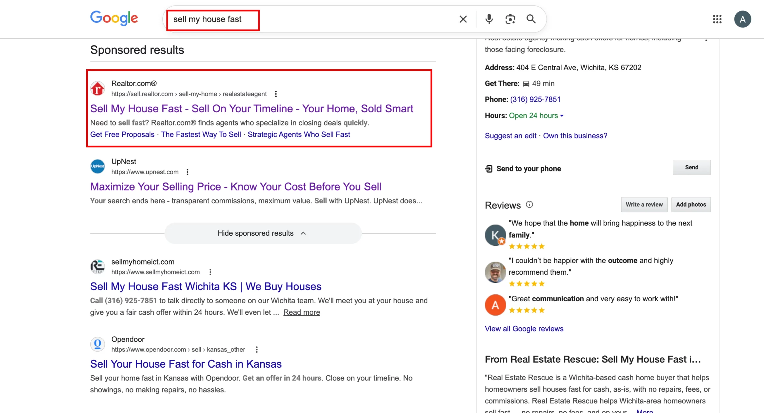 Google SERP for sell my house fast showing Realtor.com as top sponsored result with headline Sell My House Fast Sell On Your Timeline Your Home Sold Smart