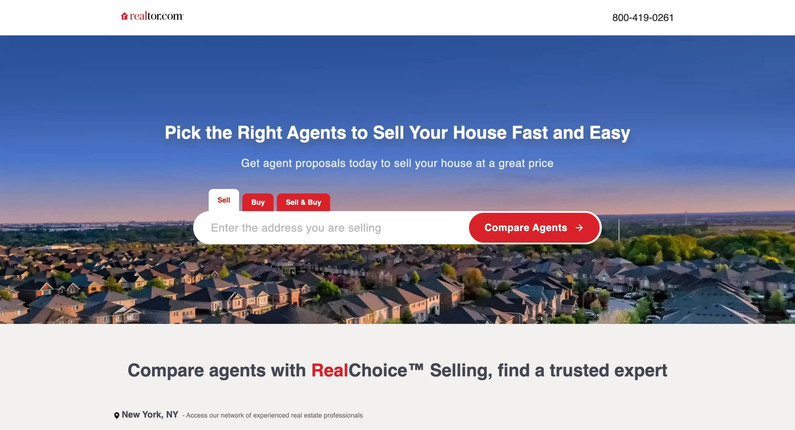 Realtor.com landing page for sell my house fast showing address input field with Compare Agents CTA button Sell Buy and Sell and Buy tabs and aerial photo of suburban neighborhood