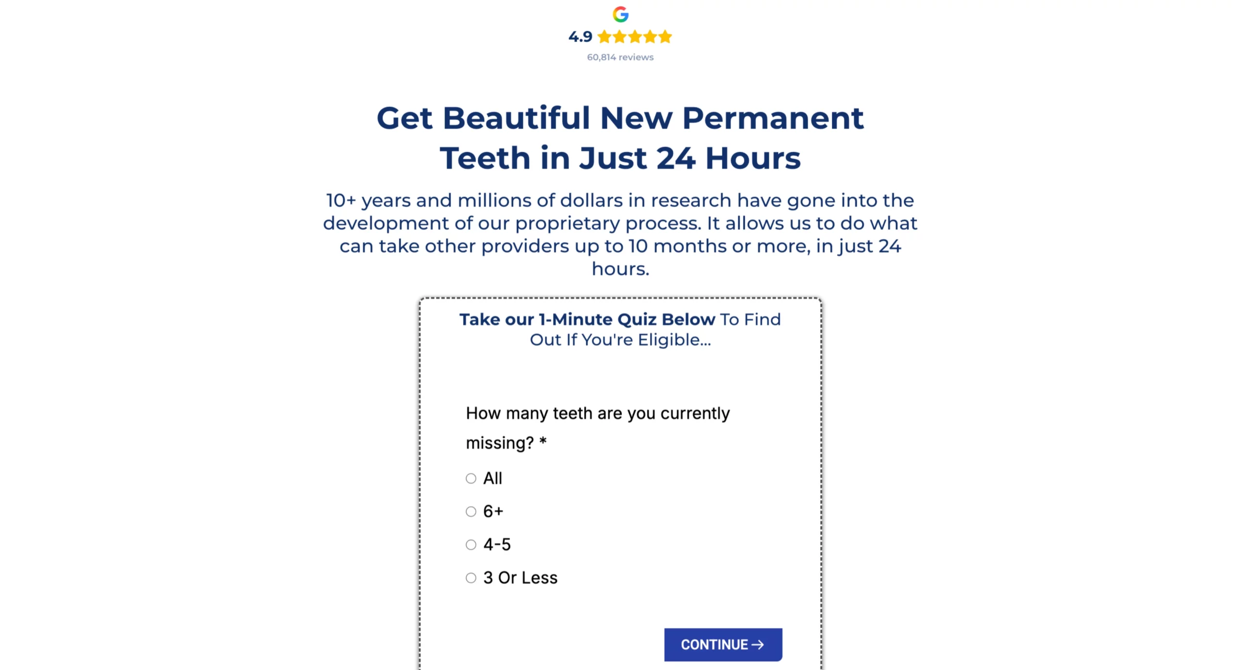 Nuvia Smiles dental implants landing page showing Google 4.9 stars 60814 reviews above headline Get Beautiful New Permanent Teeth in Just 24 Hours with eligibility quiz asking How many teeth are you currently missing