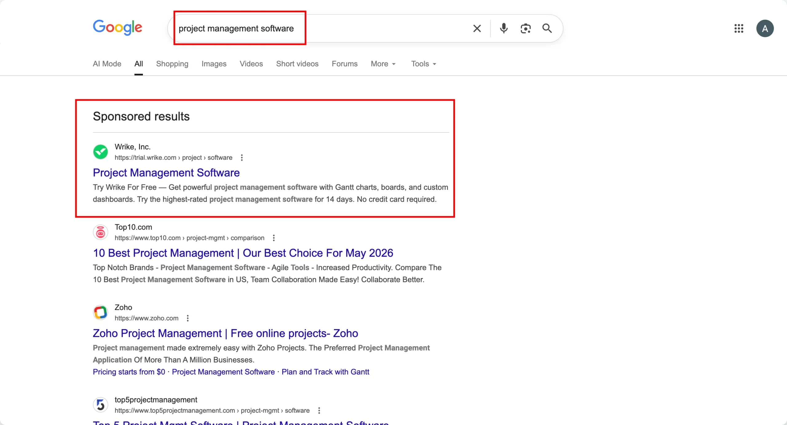 Google SERP for project management software showing Wrike as top sponsored result with headline Project Management Software and description Try Wrike For Free with no credit card required