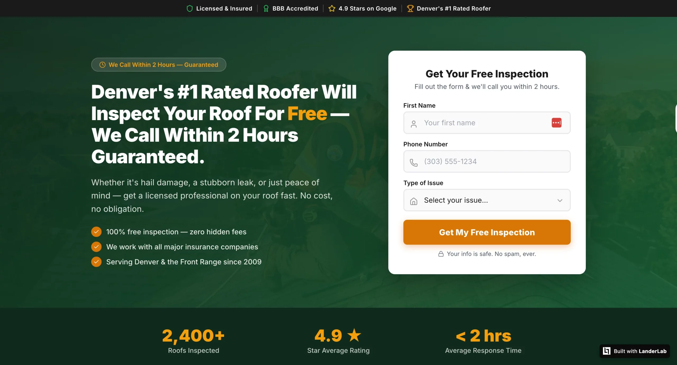 LanderLab-built roofing landing page for Denver showing trust bar with Licensed and Insured BBB Accredited 4.9 Stars on Google and Denver Number 1 Rated Roofer, headline promising free inspection with 2-hour callback guarantee, three-field lead form, and stats bar showing 2400 roofs inspected