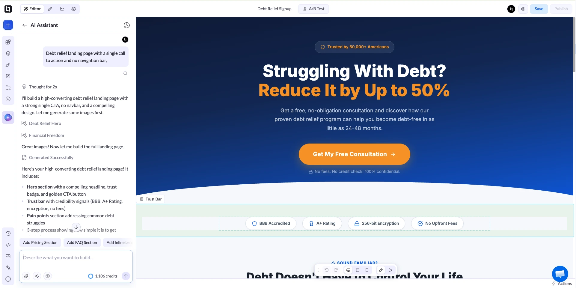 Landing page de alivio de deudas con una única llamada a la acción y sin barra de navegación