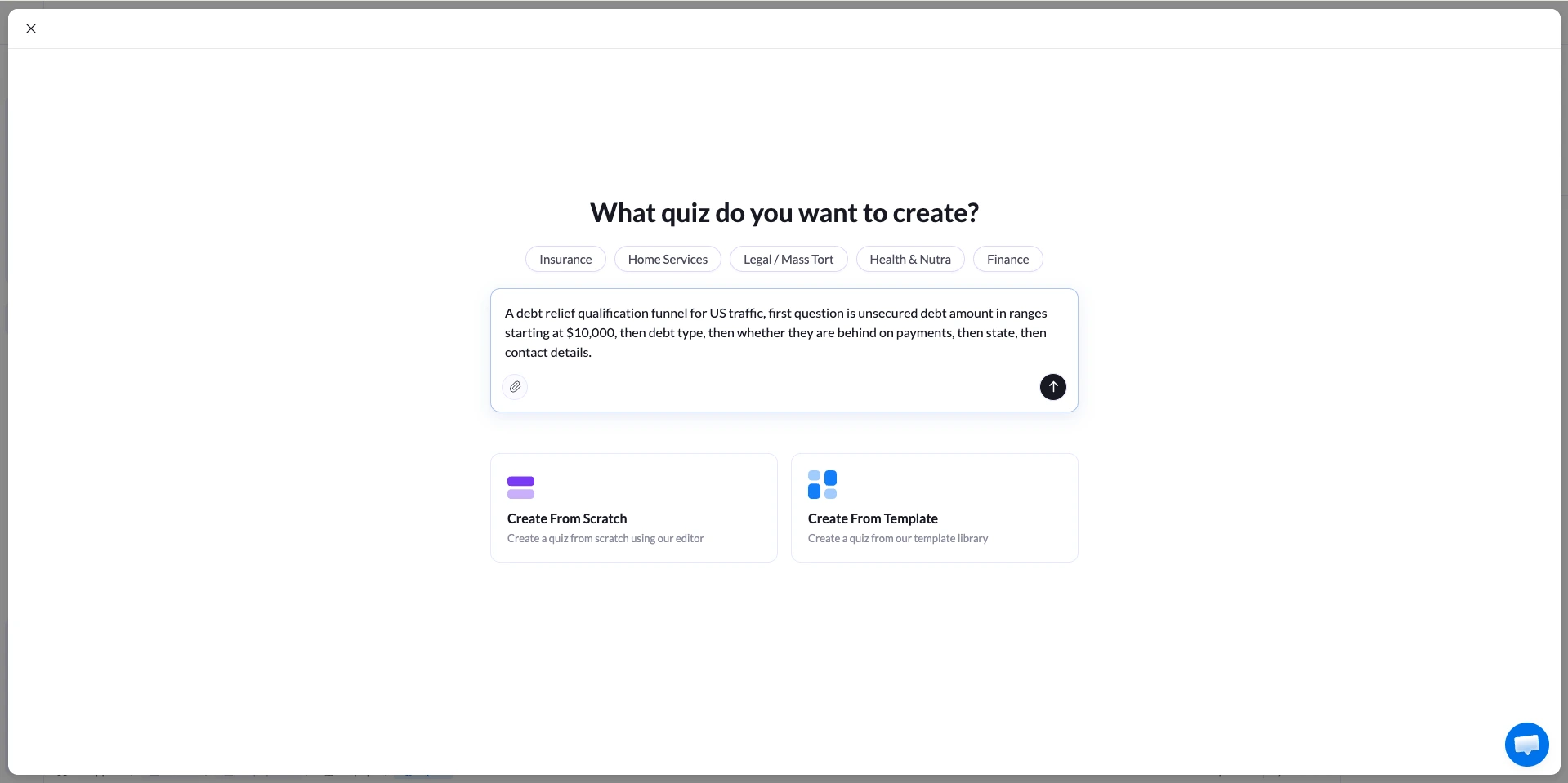 Cuadro de prompt del quiz en el editor de LanderLab con un brief de calificación de alivio de deudas escrito