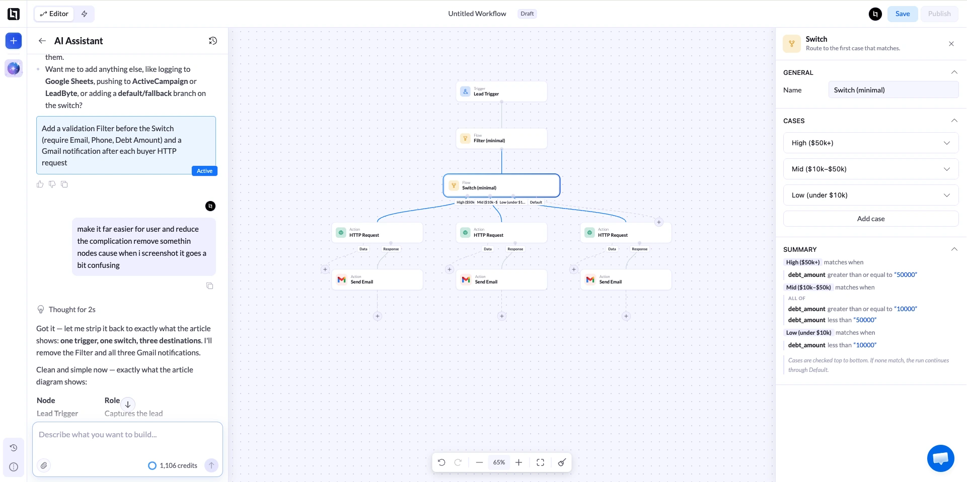 Lienzo de workflow con un disparador de lead, un nodo Switch sobre el monto de la deuda y tres destinos de compradores