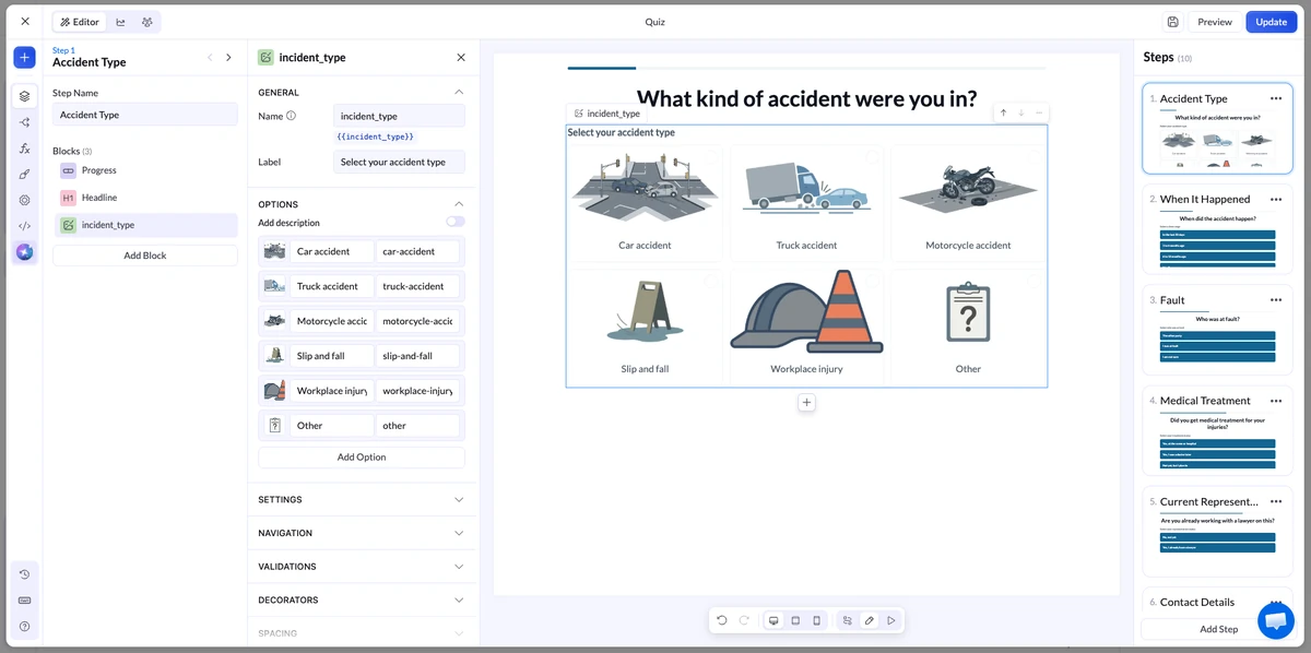 Passaggio del quiz con sei tipi di incidente come riquadri di scelta con immagini