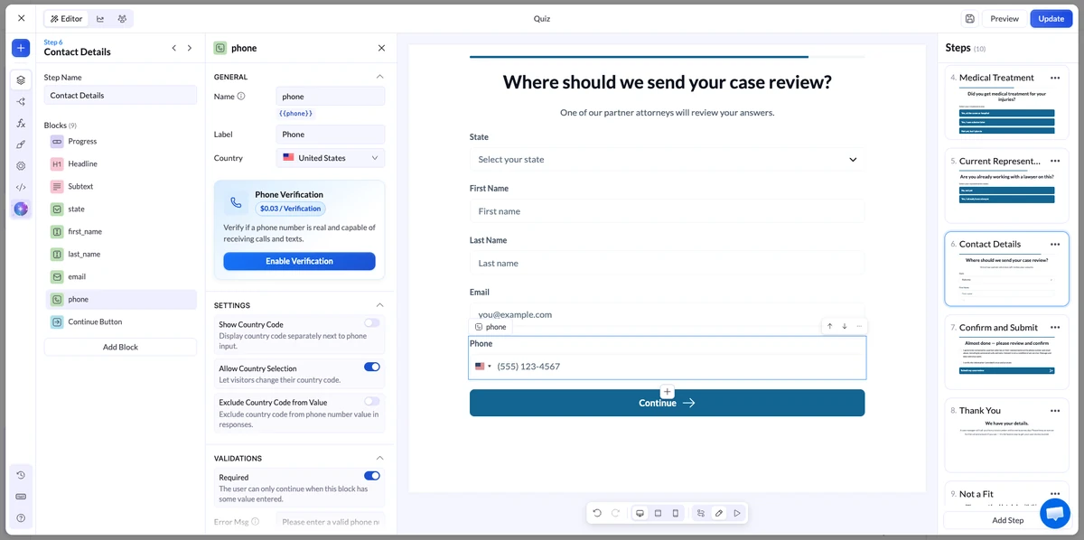 Impostazioni del blocco OTP in un quiz funnel per lesioni personali con input a cifre e reinvio abilitato