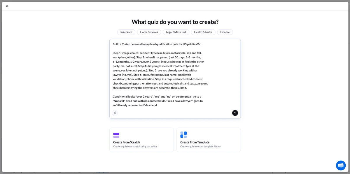 Riquadro Create with AI nell’elemento quiz con il prompt del funnel per lesioni personali incollato