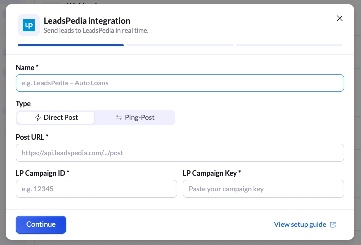 Integrazione LeadsPedia impostata su Ping-Post con campi per gli URL di ping e post