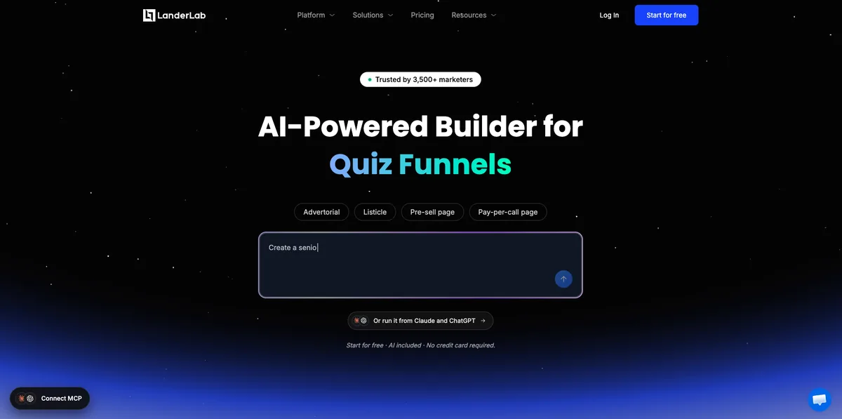 LanderLab 首页，带有用于生成测验漏斗和落地页的 AI 提示词输入框