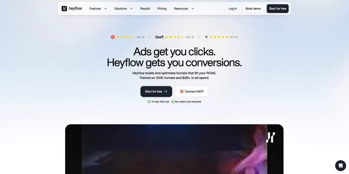 Heyflow 首页，展示漏斗搭建工具的定位，提供 14 天免费试用且无需信用卡