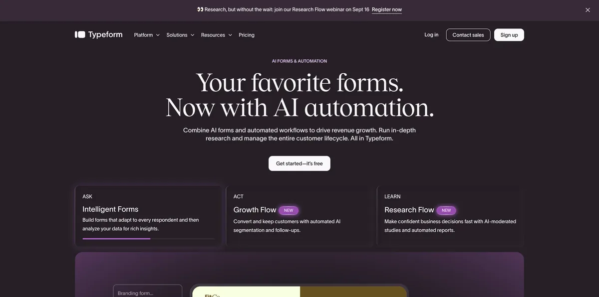 Typeform 首页，展示 AI 表单以及 Intelligent Forms、Growth Flow 和 Research Flow 自动化