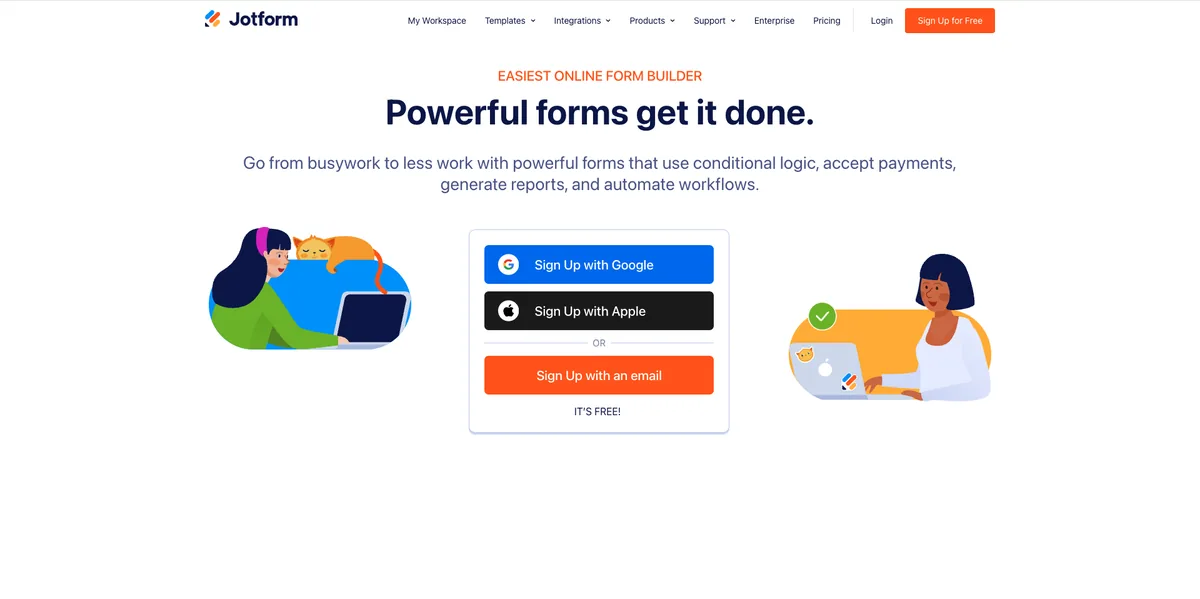 Jotform 首页，展示注册选项以及“最简单的在线表单搭建工具”这一定位